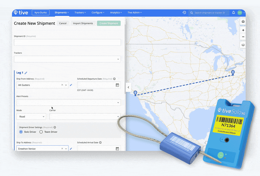Shipment creation screen with a US map showing a shipment route and a blue Tive Solo 5G tracking device.