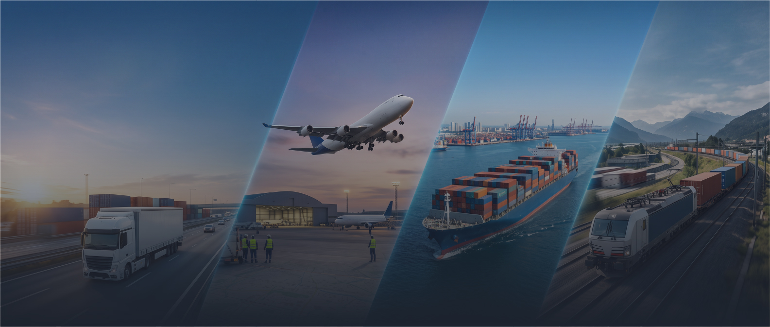 Four segmented images showing transportation modes: a white freight truck driving on a highway at sunset, an airplane taking off from an airport with workers on the runway, a large cargo ship loaded with containers sailing near a port, and a freight train carrying containers on railway tracks through a mountainous area.