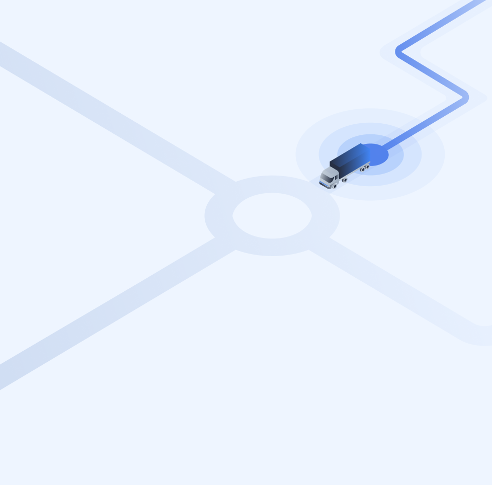 Isometric illustration of a blue truck on a light blue map with a roundabout and a zigzag route line.