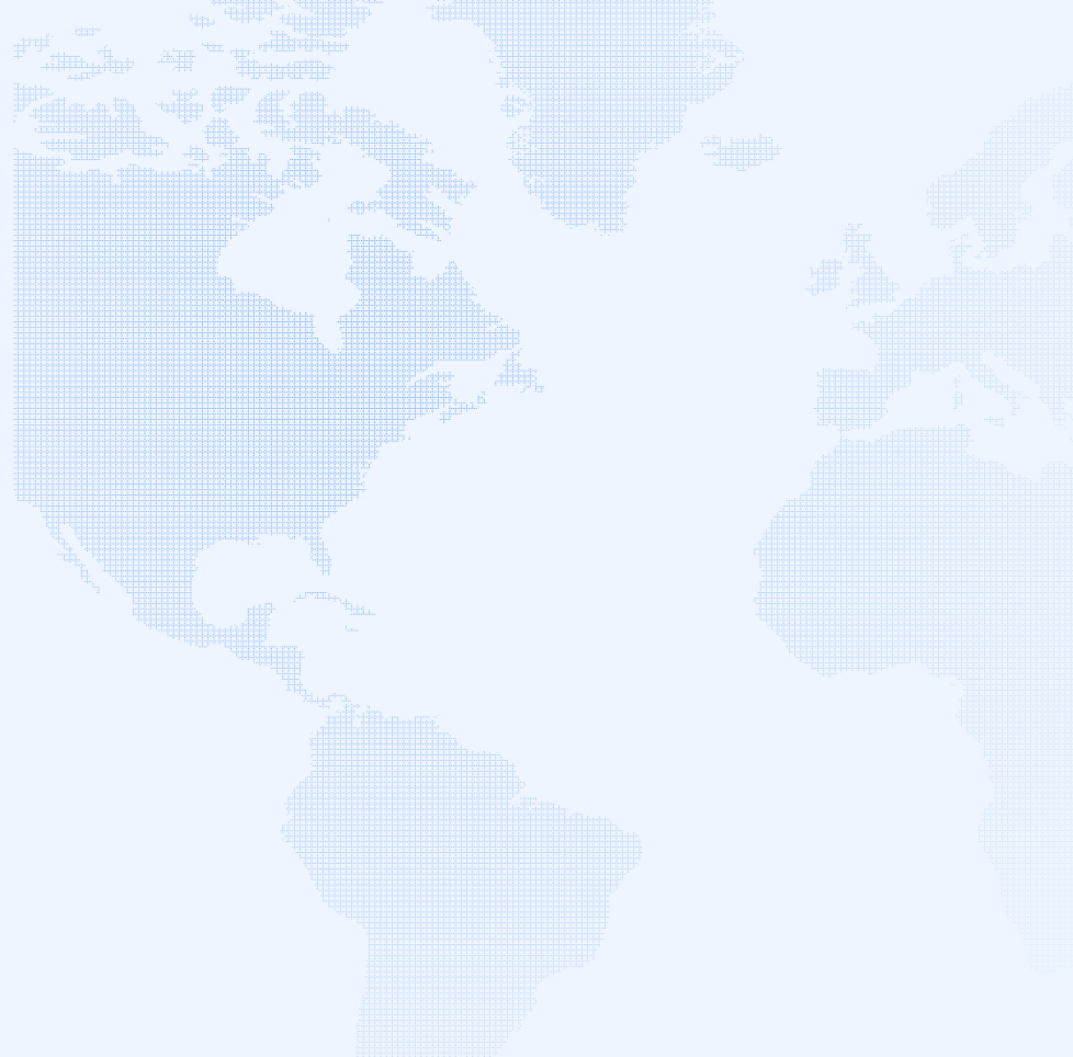 Stylized world map focusing on the Atlantic Ocean, showing parts of North and South America to the left and parts of Europe and Africa to the right, formed by a grid of small blue dots on a light blue background.