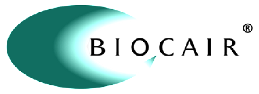 Logo with the word BIOCAIR in black uppercase letters, accompanied by a stylized turquoise crescent shape to the left and a small triangular detail inside the crescent.