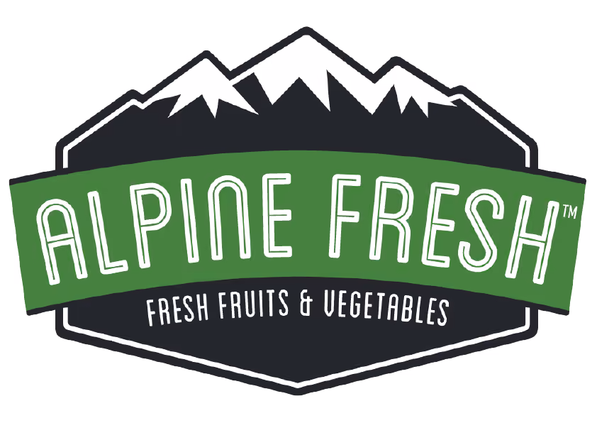Logo for Alpine Fresh featuring stylized mountain peaks above with a green banner in the middle reading 'Alpine Fresh' and the text 'Fresh Fruits & Vegetables' below the banner.