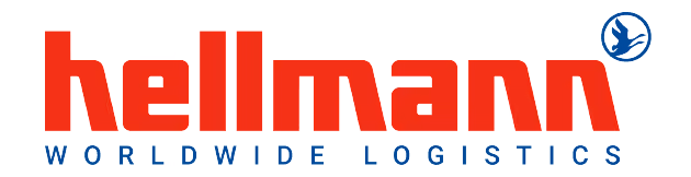 Hellmann Worldwide Logistics logo with red lowercase text and a blue circular bird emblem.