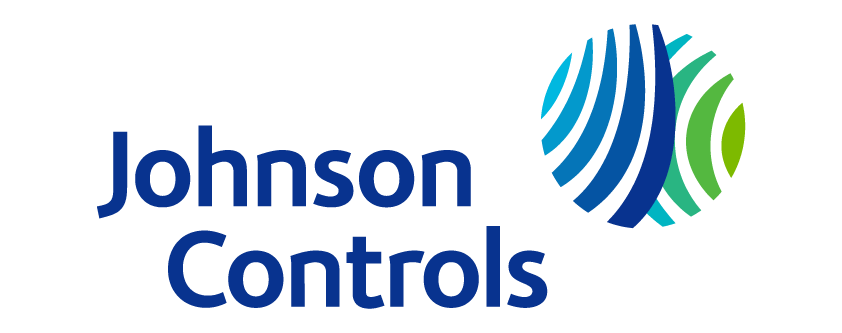 Johnson Controls logo with stylized overlapping curved lines forming a circular shape in blue, teal, and green to the right of the company name in blue text.