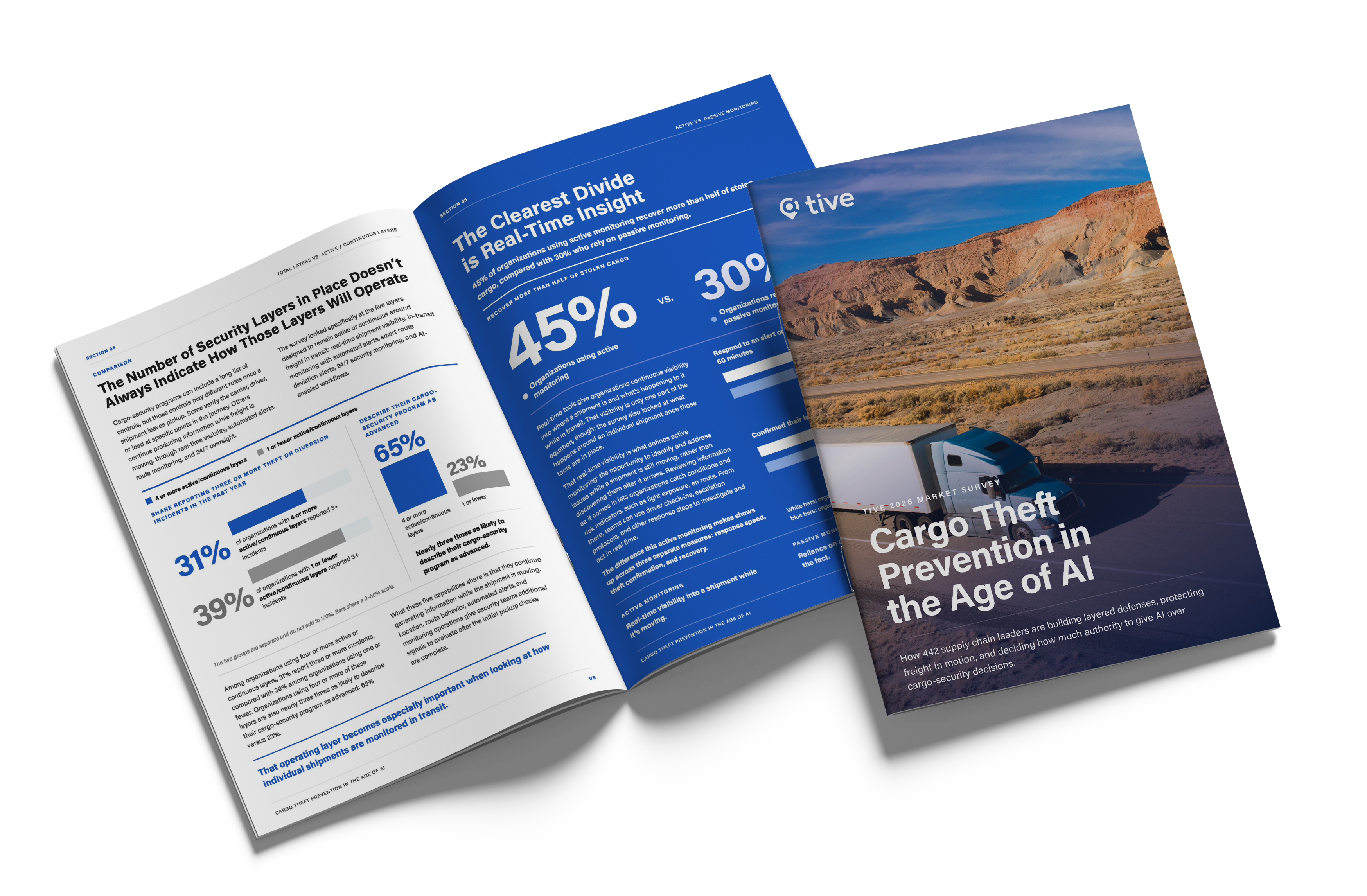 Open booklet titled 'Real-Time Shipment Visibility: What to Know Before You Invest' showing a cargo ship on the cover and an inside spread explaining how to evaluate tracking devices with a table of components and their functions.