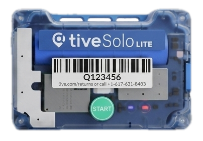 Blue Tive Solo 5G tracker device with barcode and 'Contains no Lithium' yellow label.