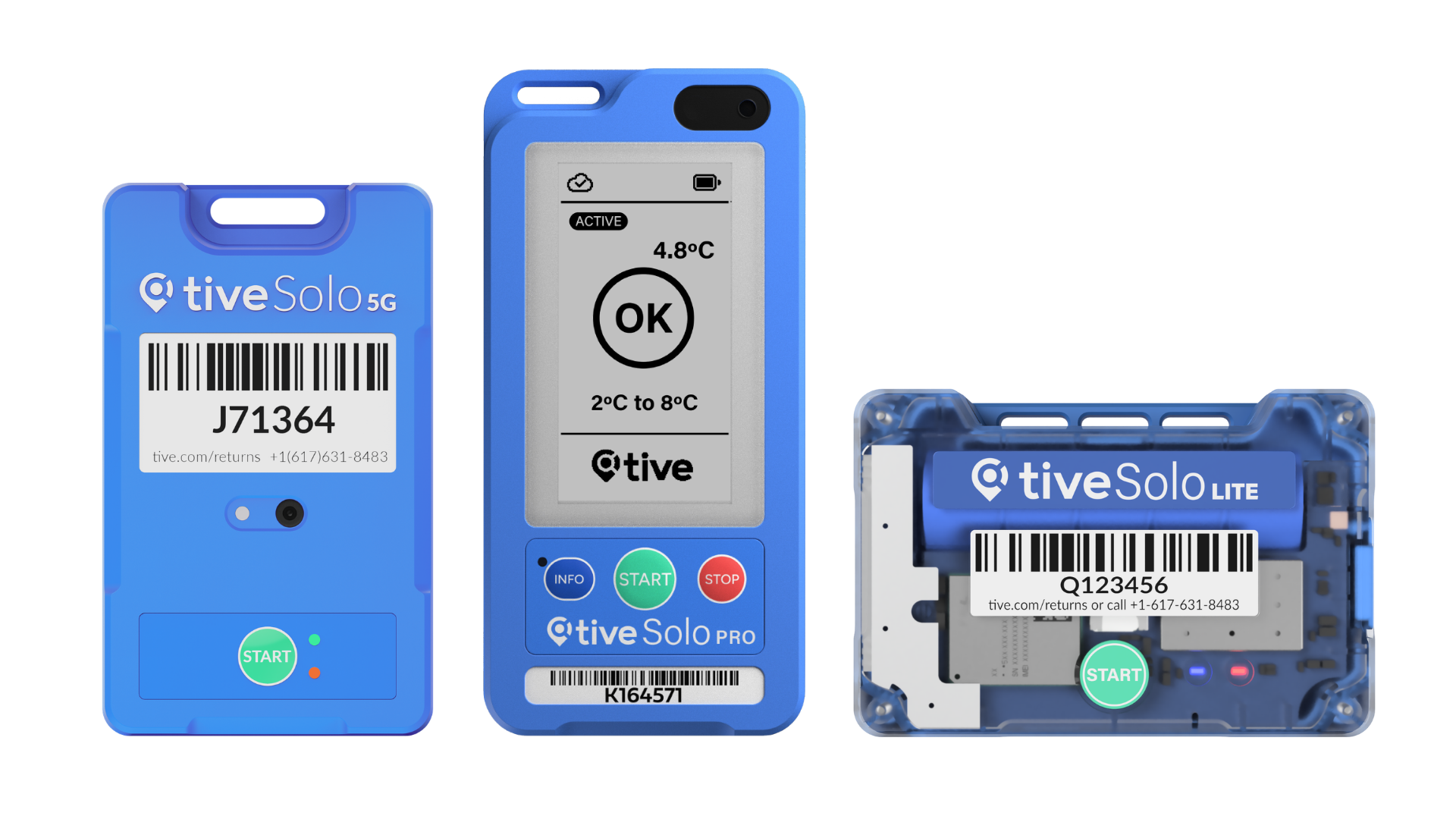 Traceur Tive Solo 5G bleu avec code-barres et étiquette jaune « Contains no Lithium ».