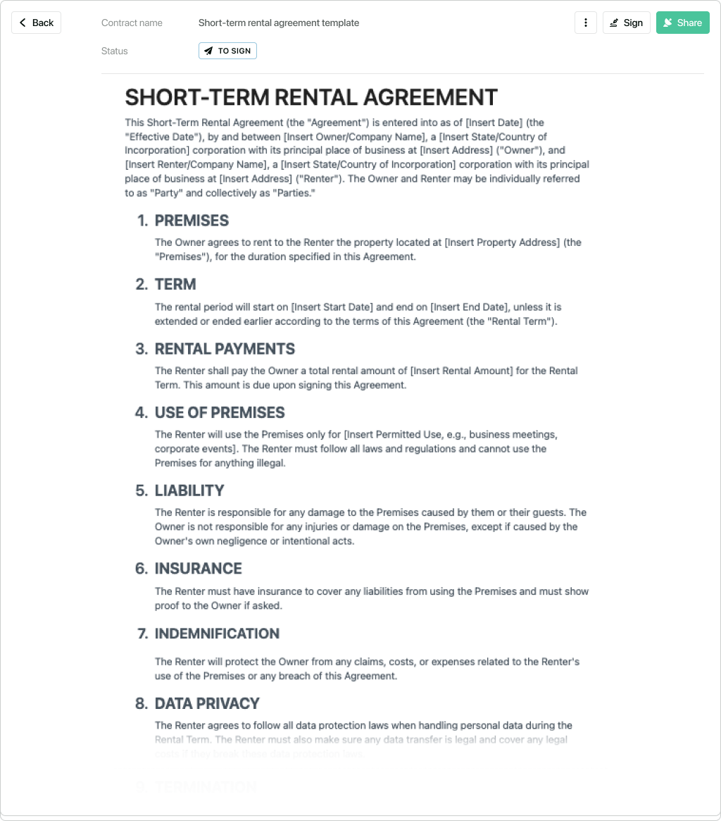 Short-term rental agreement - free to use