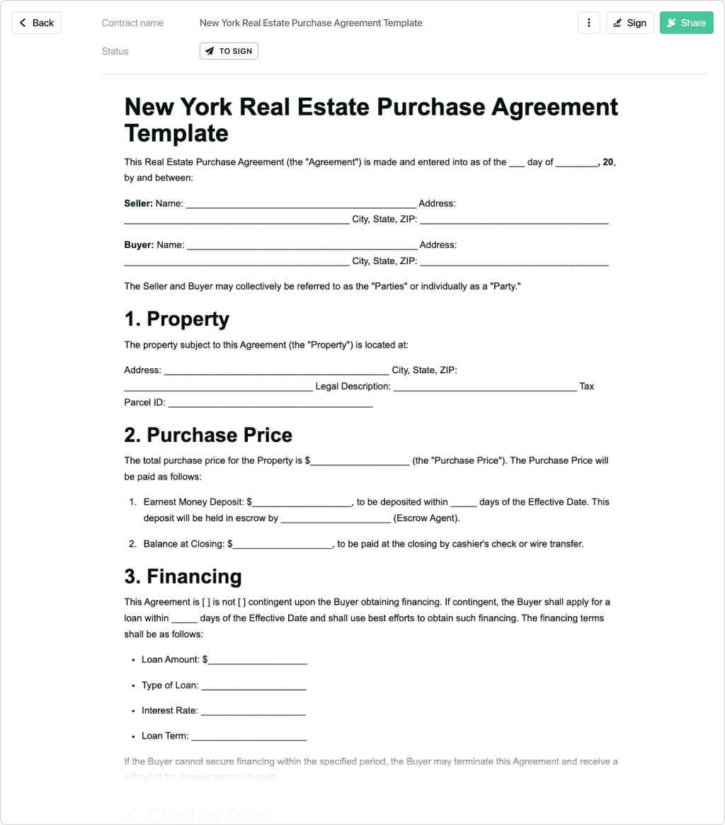 New York real estate purchase agreement template - free to use