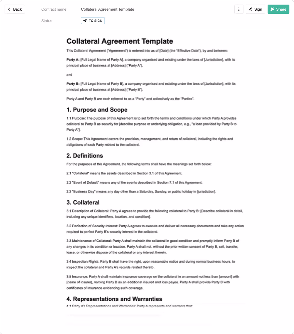 Preview of a collateral agreement template.
