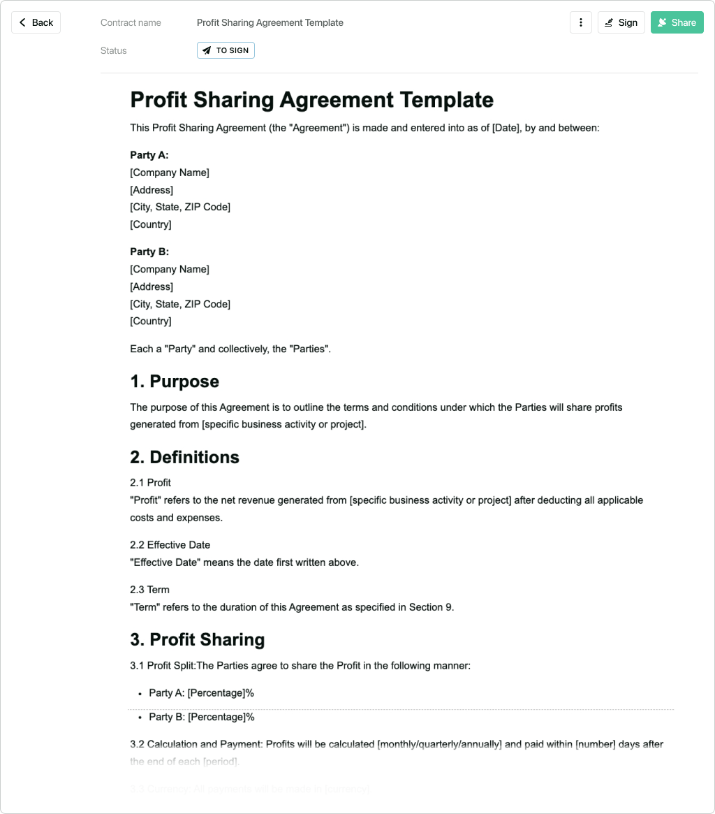 Profit sharing agreement template - free to use