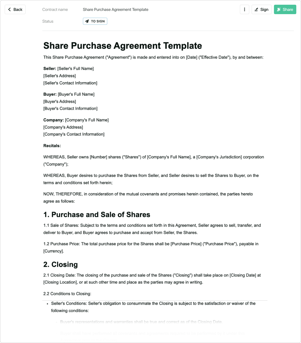 Share purchase agreement template - free to use