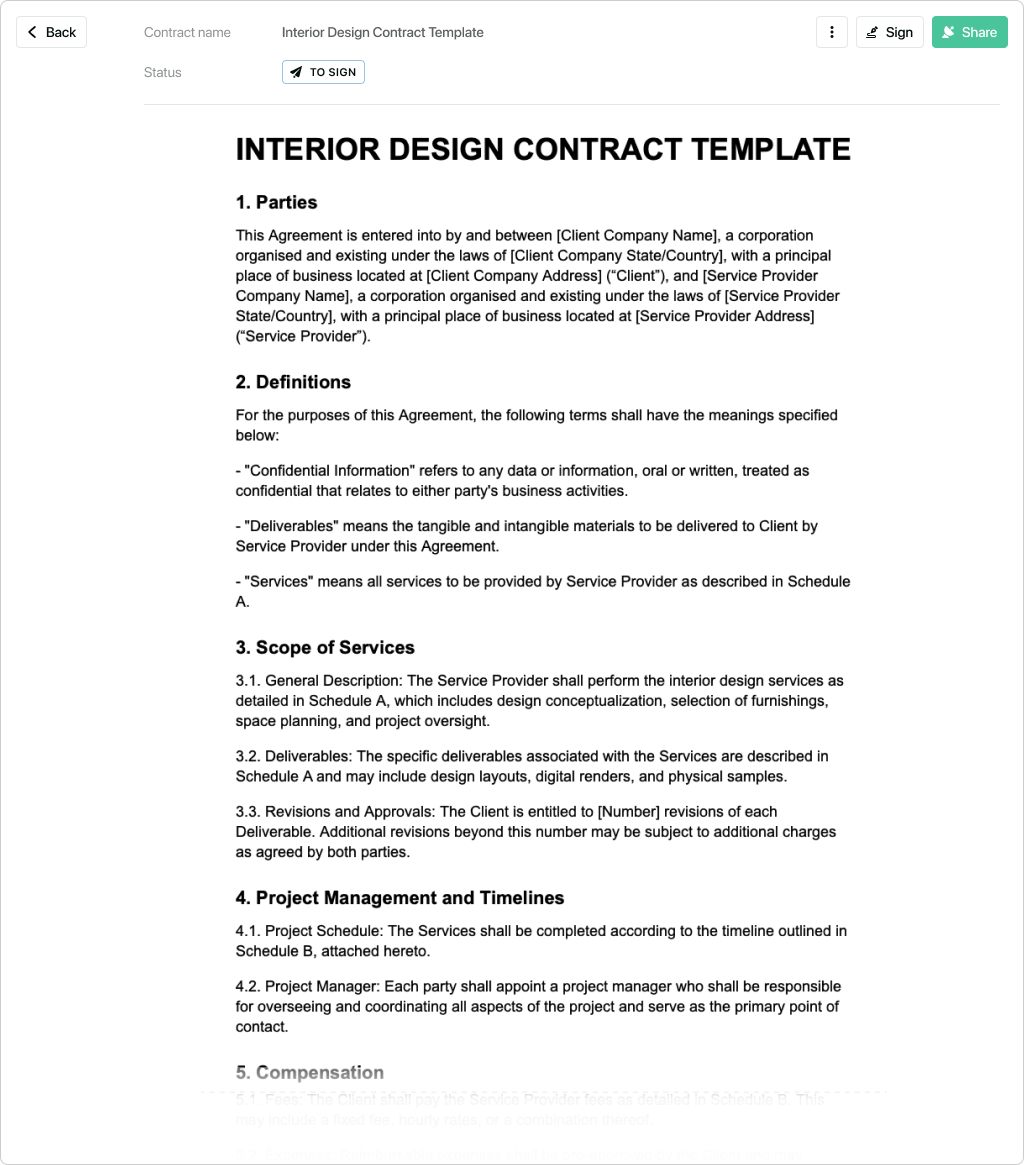 Interior design contract template - free to use