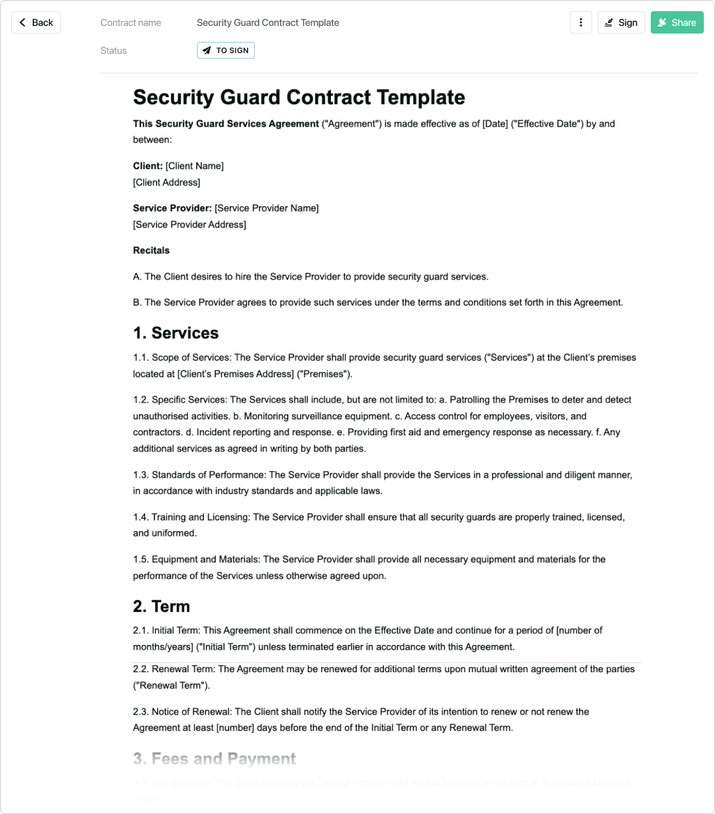 Security guard contract template - free to use