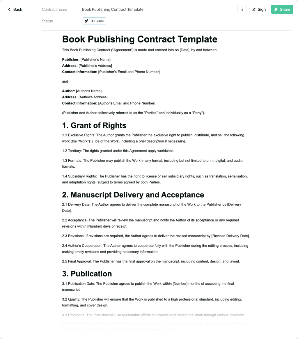 Book publishing contract template - free to use