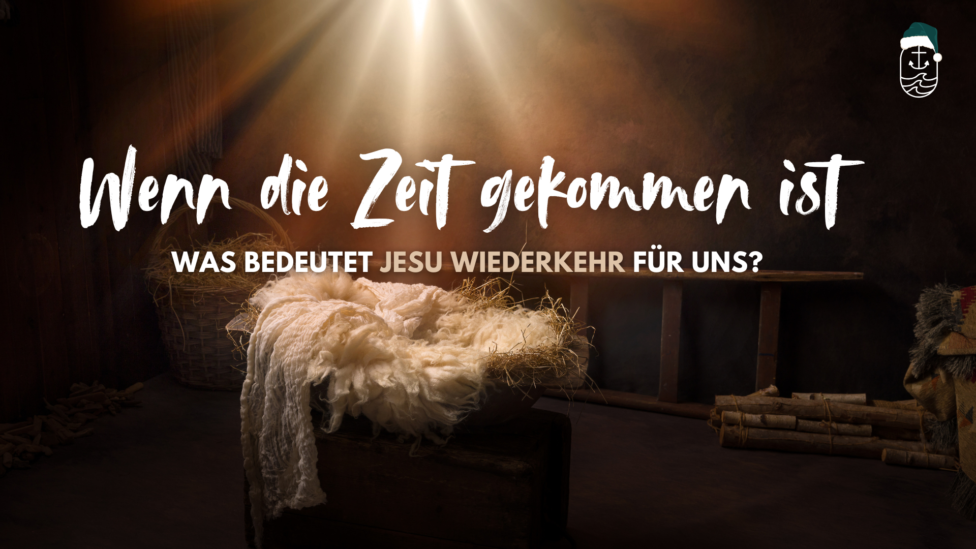 Rustic nativity scene with an empty manger filled with hay and cloth under a warm light, with text in German about Jesus' return.