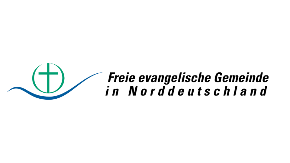 Logo featuring a green Christian cross inside a circle above a blue wave, with the text 'Freie evangelische Gemeinde in Norddeutschland' in black italic letters.