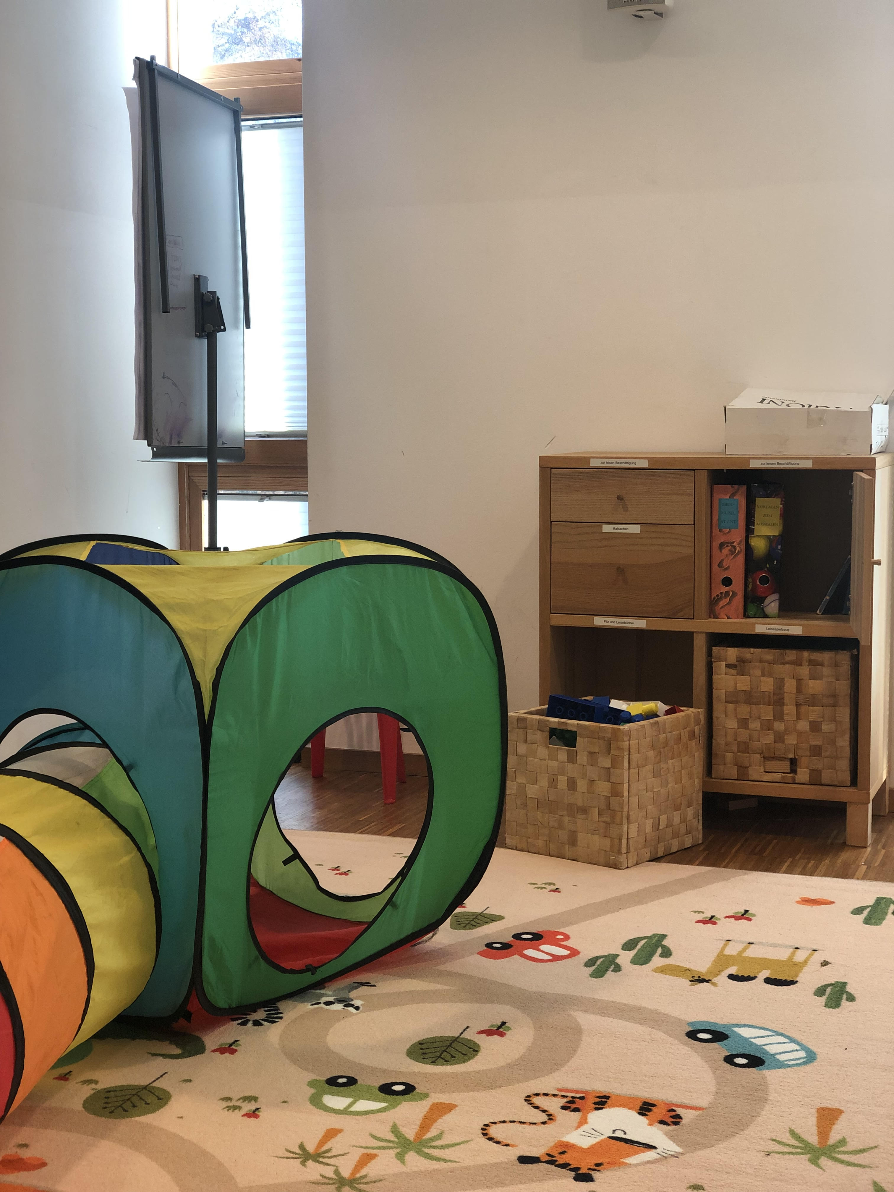 Colorful kids play tunnel on animal and car patterned carpet in a room with wooden shelves and baskets.