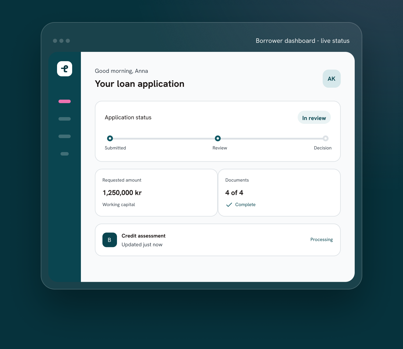Borrower dashboard showing live loan application status