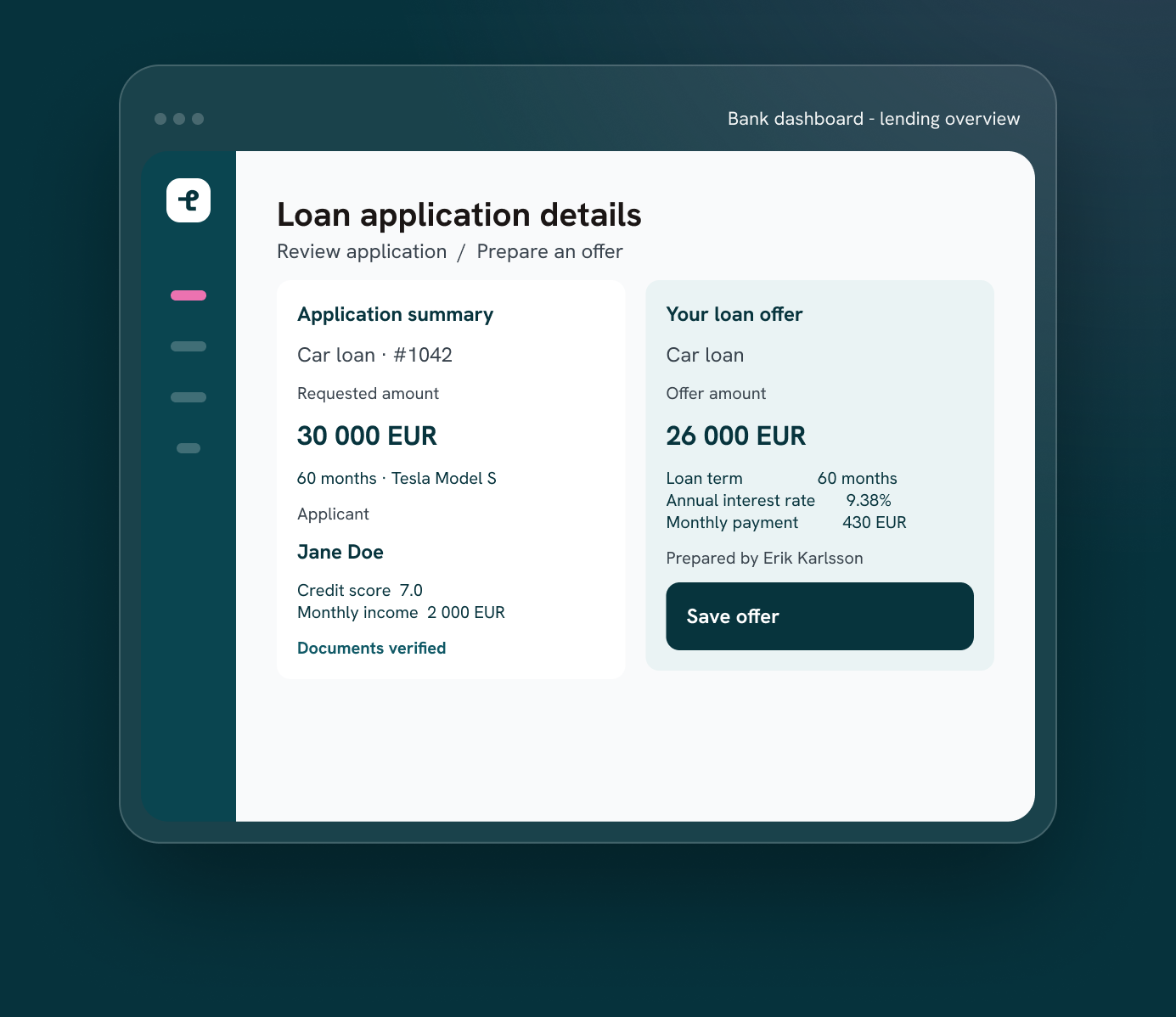 Bank dashboard showing lending overview