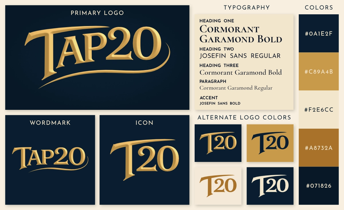 TAP20 brand board showing logo, color palette, and typography