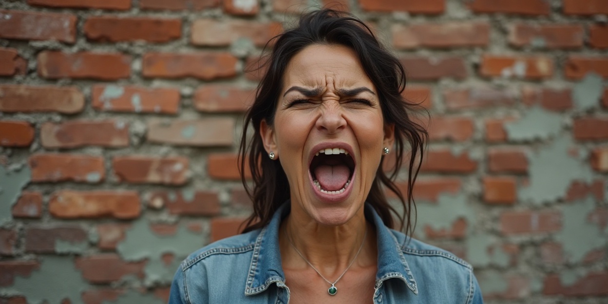A Latina woman with earrings, a necklace, and jean jacket stands in front of a brick wall screaming "You're not the boss of me!" while experiencing reactance.