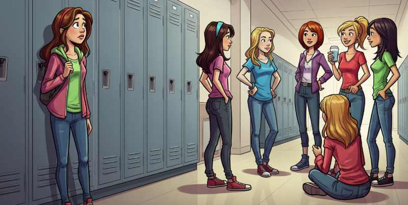 A cartoon of an anxious high school girl feeling left out as she watches a group of girls from a distance. They are having fun as they ignore her, hanging out in the hall by their lockers.