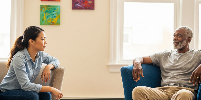 A Japanese American woman and an Black man with grey hair and beard sit across from each other in chairs enjoying their first psychotherapy session. There are paintings on the wall behind them.