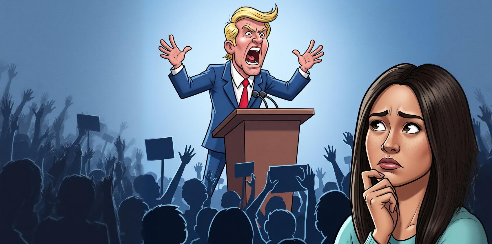 A man on stage stands behind a podium screaming and waving his arms. A woman in the back of the room watches with an anxious look on her face.