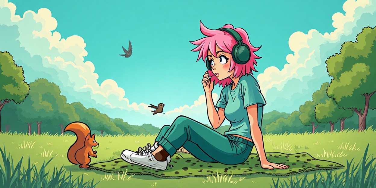 A young woman with headphones over pink hair sits on a green polka dot blanket in a field, under blue skies and surrounded by trees. Squirrel approaches her as she watches birds flying in the background.