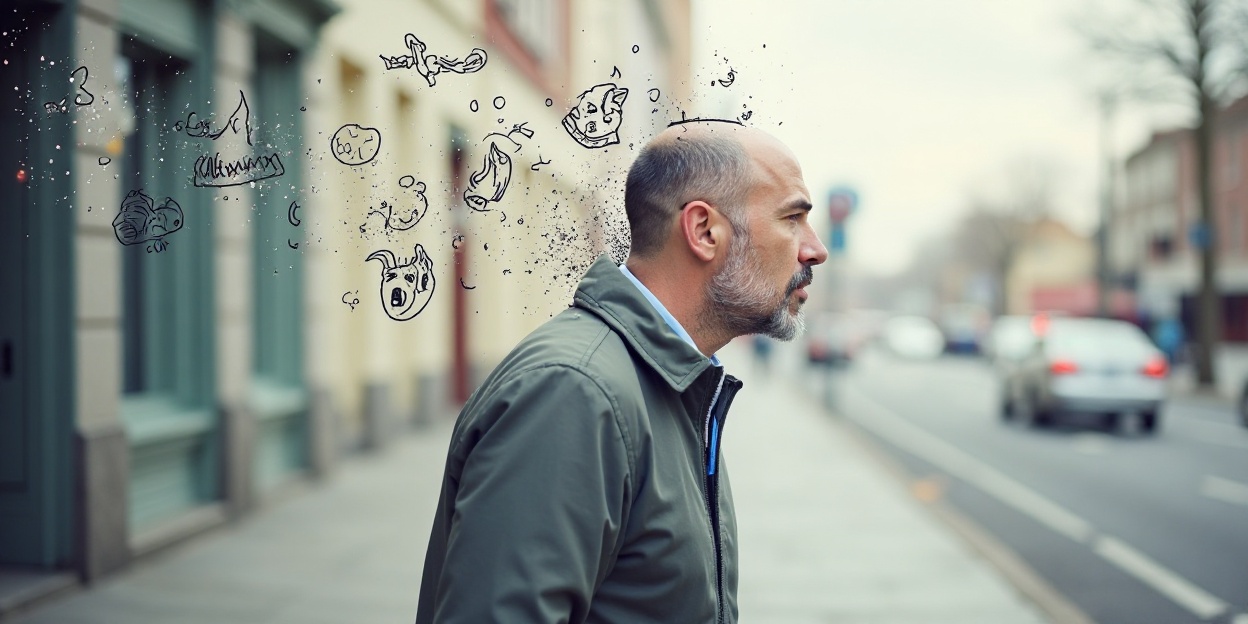 A bald man with a salt and pepper beard looks onto the street from the sidewalk in a city. Indistinct images float behind his head, representing implicit memories.