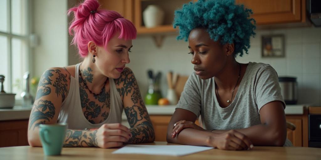 Two women offer emotional comfort to each other at a kitchen table, a white woman with lots of tattoos and blue hair and a black woman with green hair.