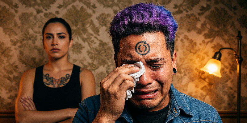 A Latino man with purple and blue hair wipes tears from his face. He has a circular arrow tattoo on his forehead, symbolizing repetition compulsion. His girlfriend, in a tank top with a chest tattoo, stands behind him with arms crossed and a stern face.