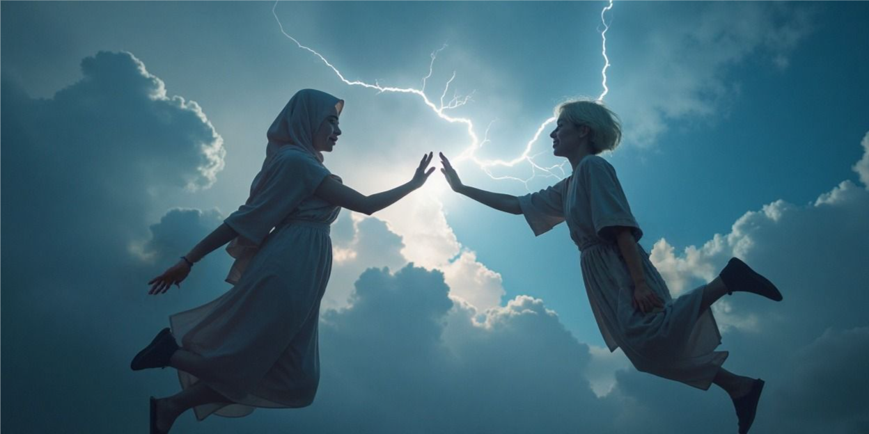 Two women, an Arab woman in a hijab and an older white woman in a dress, float in the sky in a lightning storm. They reach out to each other for safety, but are reluctant for their hands to touch.