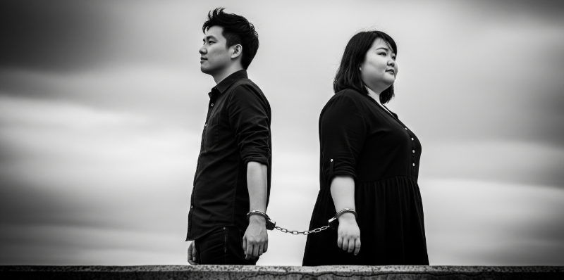 A codependent couple, wearing black and standing in front of grey clouds, look away from each other, bound together by handcuffs.