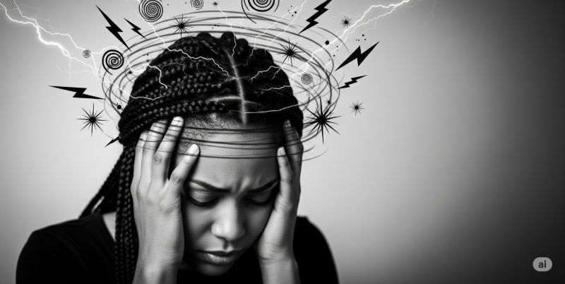 A black woman with braided hair holds her head in your heads, with closed eyes and furrowed brow. Shapes swirl around her head, symbolizing stressful thoughts about work.