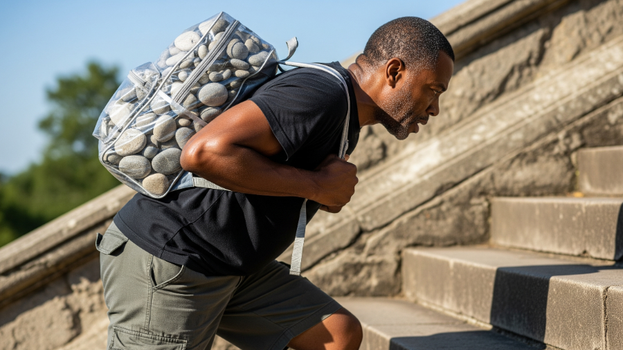 A black man with a transparent backpack full of stones strains to climb stairs, representing the effects of allostatic load.