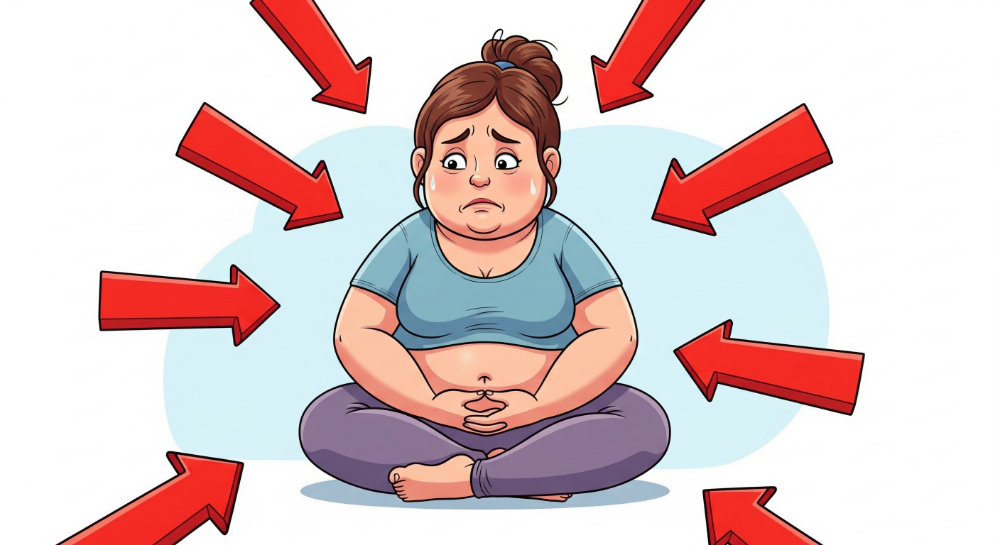 An image with inverted colors of a fat woman in yoga pants and a crop top sits cross legged with a defeated and anxious look on her face. Red arrows are surround her, represent deterrents to making change.
