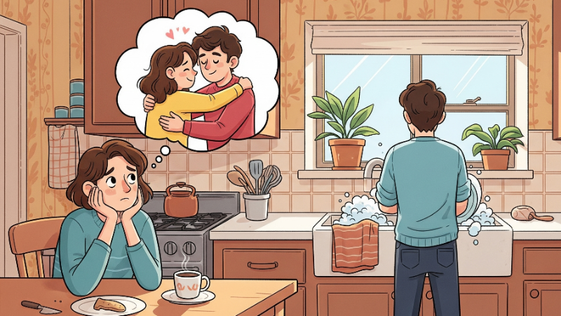 A disappointed woman at a kitchen table stares at her partner, faced away from her doing dishes. She has a thought bubble above her head, showing that she would like a hug.