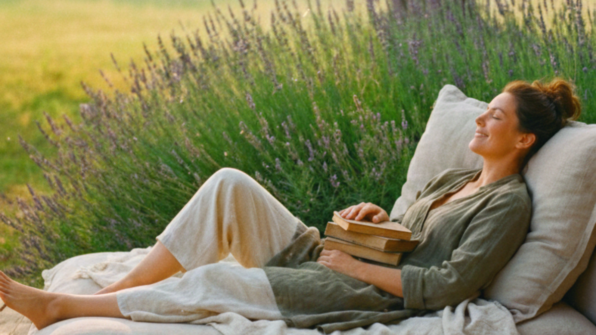 A woman relaxes with books on a cushion next to some greenery outside. She is relieved due to setting a new year's diminution instead of a new year's resolution.
