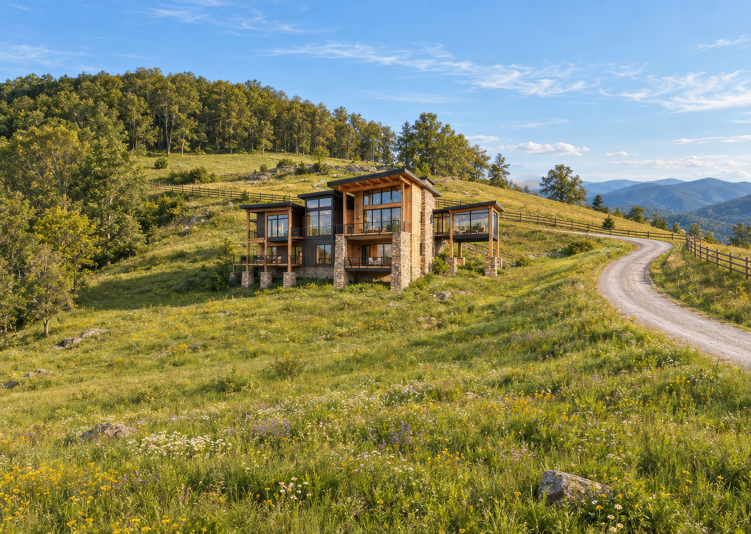 A two story, modern mountain house with stone veneer and full height glass walls on a hillside.