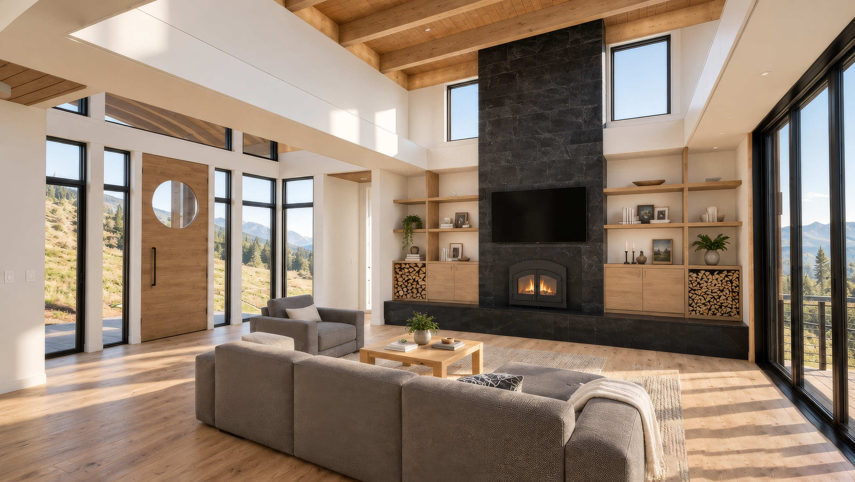 A warm, bright living room with wood accents and a slate tile fireplace.