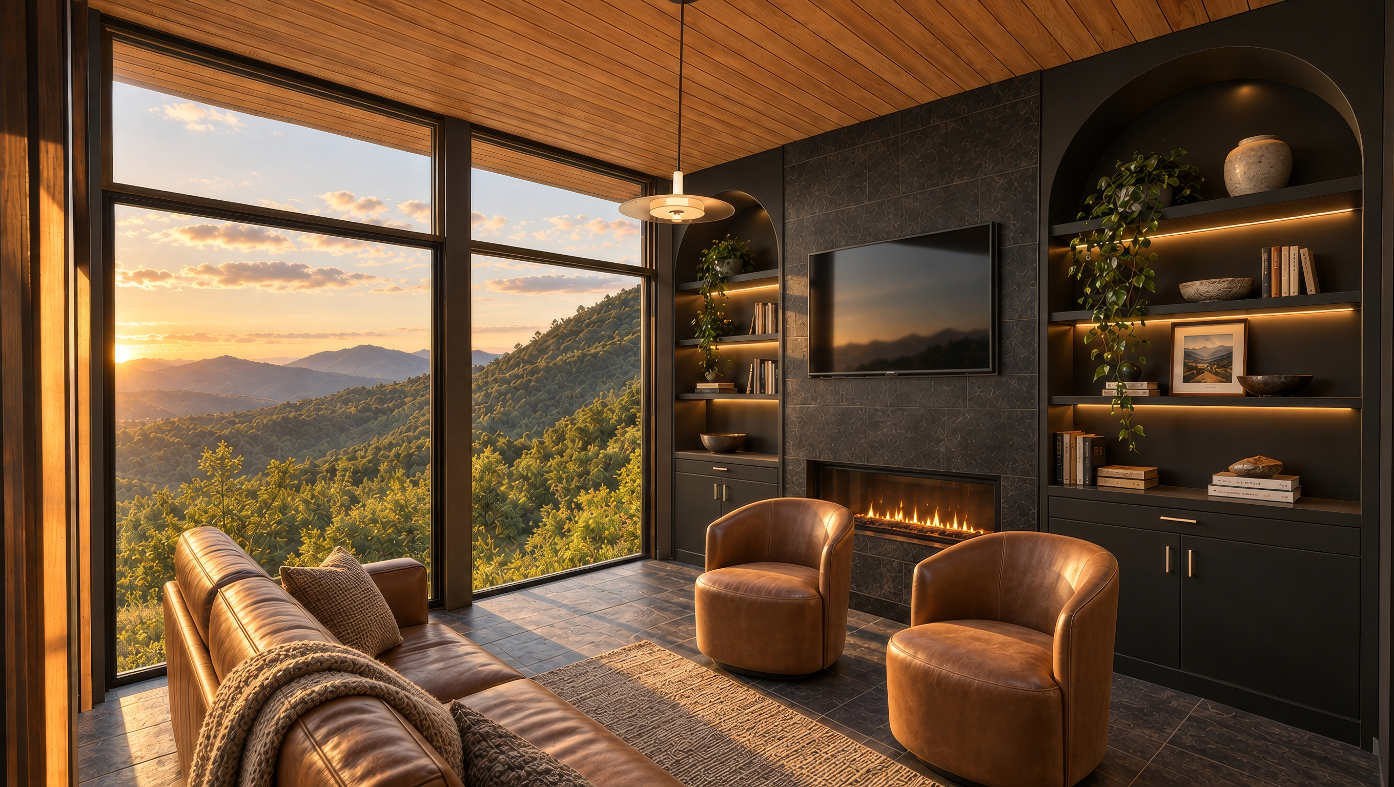 A moody library style room with a full height glass wall and a mountain view.