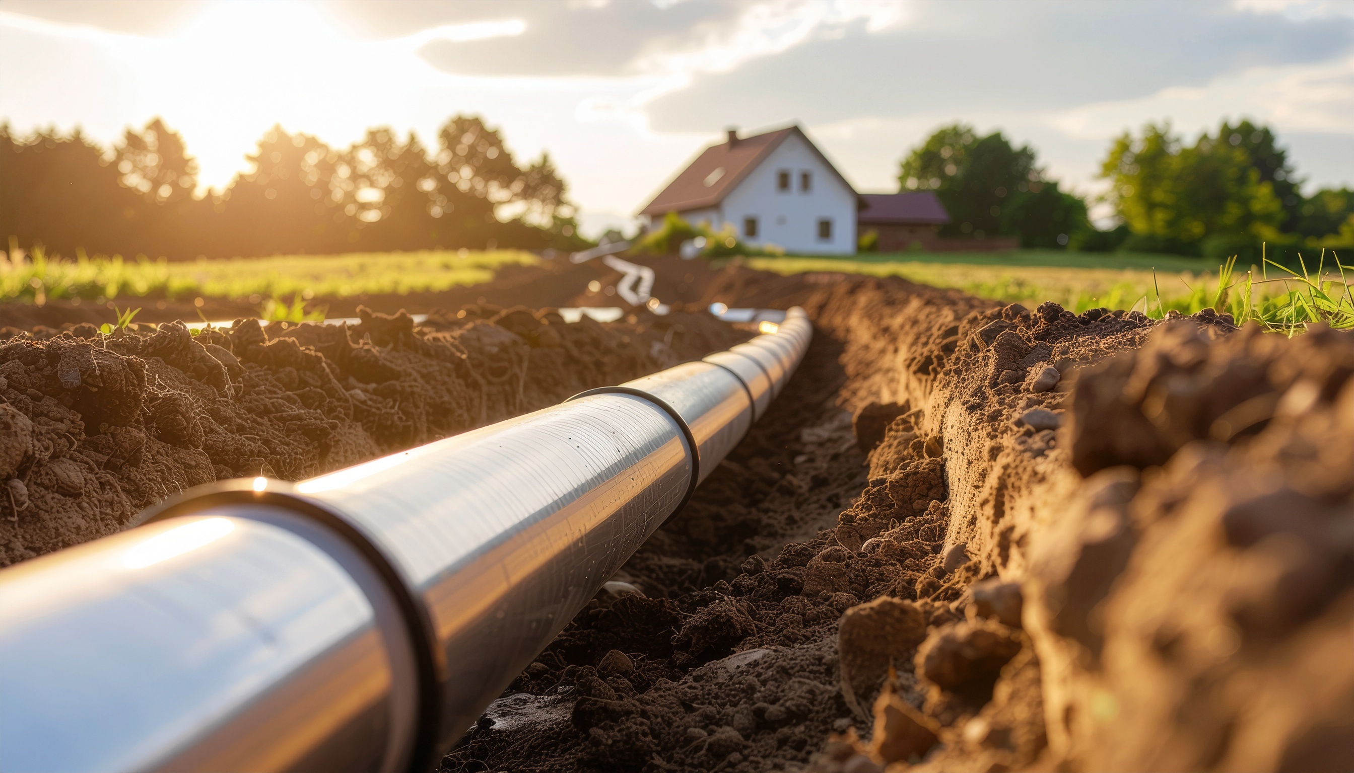 A photo of pipe laying in the ground, going to a house in the background.