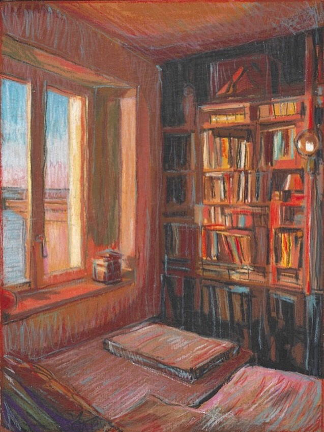 En 2024, l’artiste Pia Loro se renouvelle avec la série « Passages » . Elle s’inspire des ses carnets de voyage pour transmettre des ambiances et faire passer la lumière ✨

La bibliothèque 
Pastel gras sur bois
24x18cm
Pia Loro
2025

In 2024, Pia is reinv
