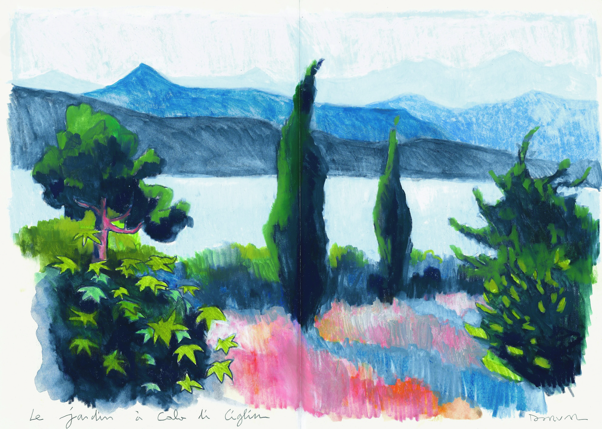 Les Cyprès face à la montagne corse 