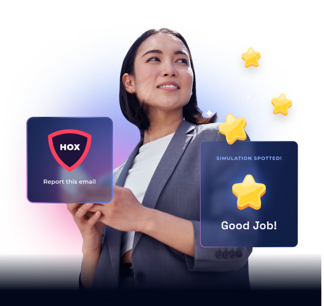 Woman reporting an email using the Hoxhunt button and getting rewarded with strars