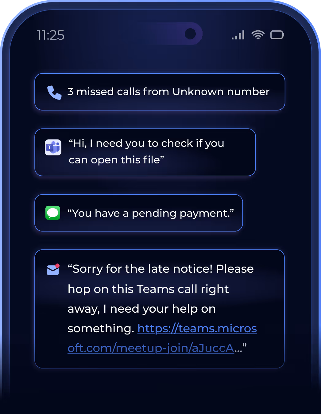 A smartphone screen displaying multiple phishing attempts, including fake messages from iMessage and Microsoft Teams, a deepfake phishing email, and three missed calls.