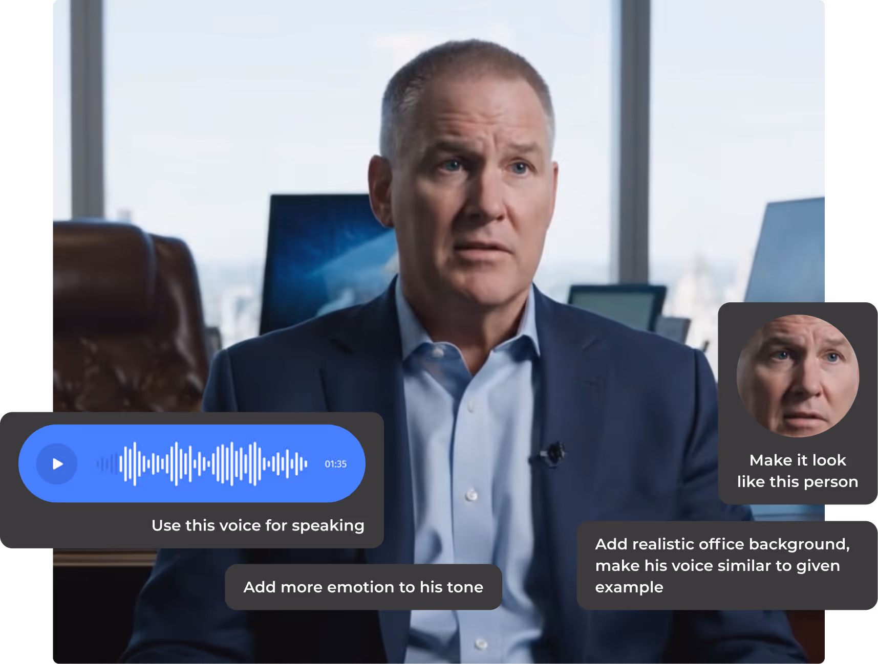 A demonstration of AI-generated deepfakes. The image shows a man in a suit speaking in what looks like an office. Overlaid instructions show how AI tools can alter the video: “Use this voice for speaking,” “Make it look like this person,” “Add realistic office background, make his voice similar to given example,” and “Add more emotion to his tone.” These highlight how deepfake technology can change appearance, voice, and expressions to create convincing but artificial videos.