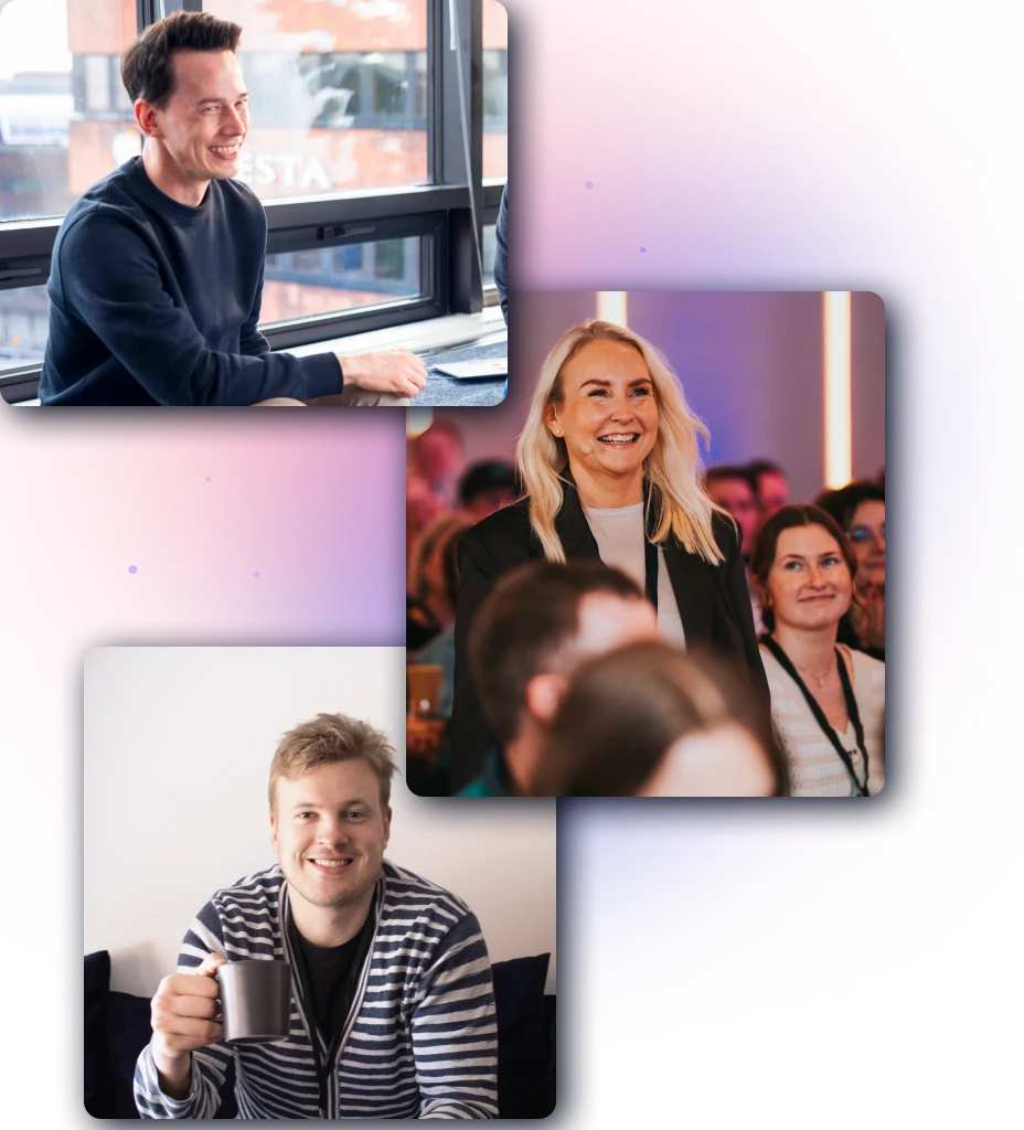 Hoxhunt employees collaborating, attending event, and relaxing at work, showcasing inclusive cybersecurity company culture